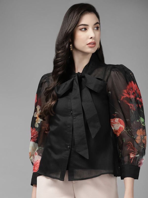 Jashvi Black Floral Mandarin Collar Shirt Style Top