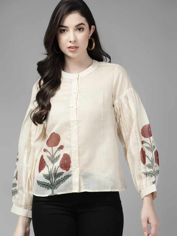 Jashvi Beige & Maroon Floral Printed Shirt Style Top