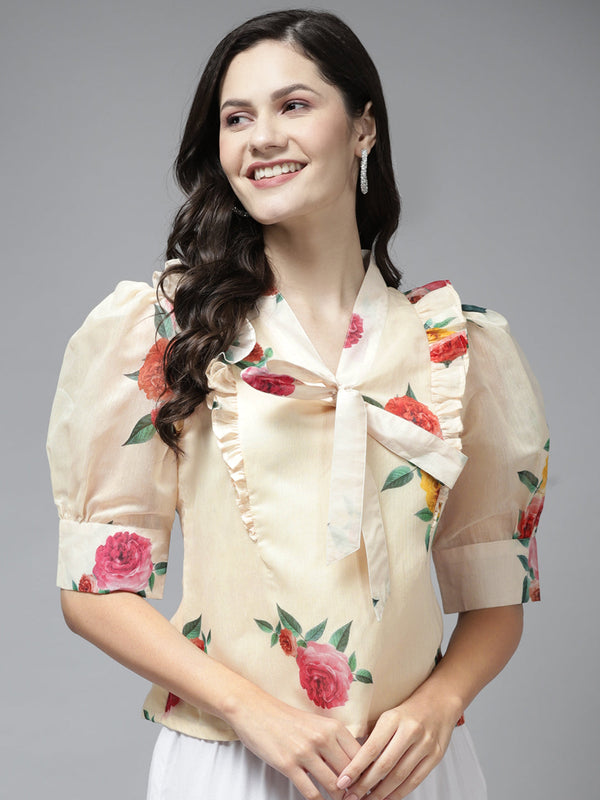 Jashvi Beige Printed Front Knot and Ruffle Top