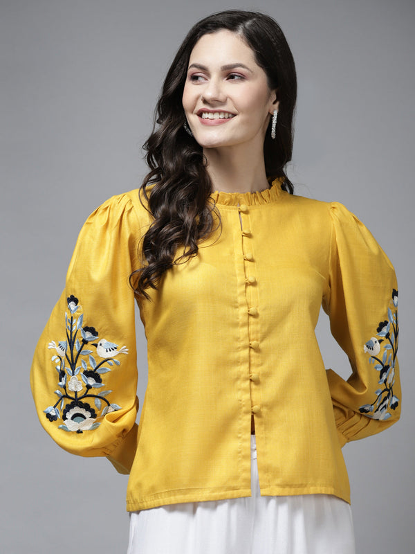 Jashvi Mustard Embroidered Front Open Top