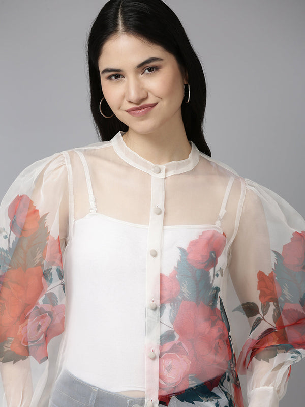 Jashvi Off White Printed Front Open Top