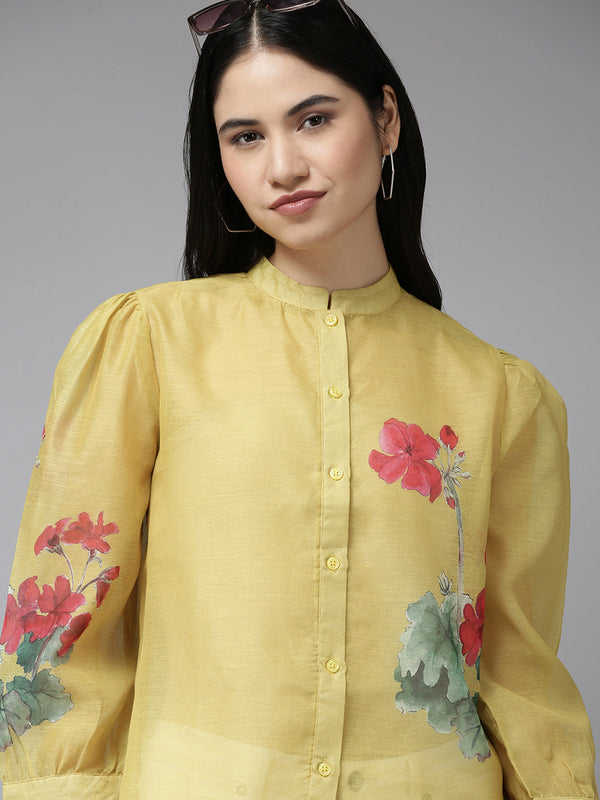 Jashvi Mustard Yellow & Red Floral Print Shirt Style Top