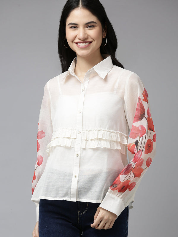 Jashvi White & Red Floral Detail Ruffles Shirt Style Top