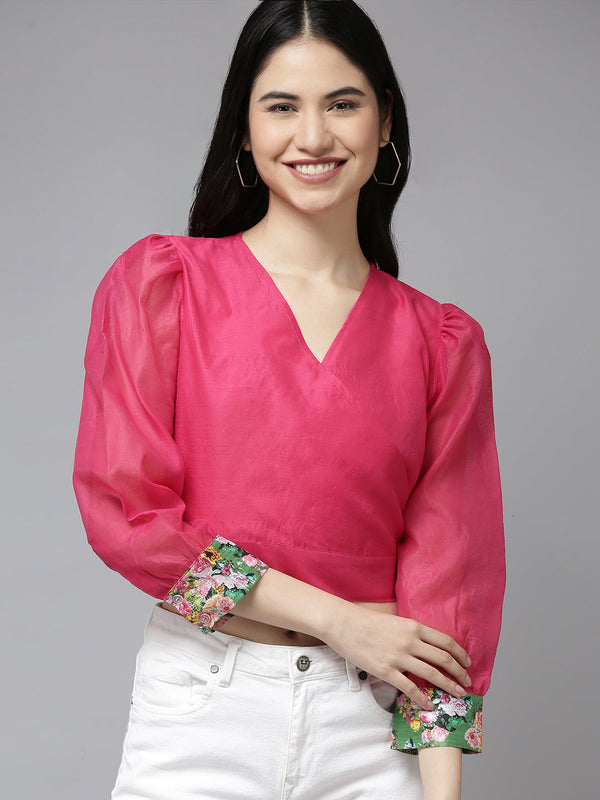 Jashvi Pink Solid Wrap Crop  Top