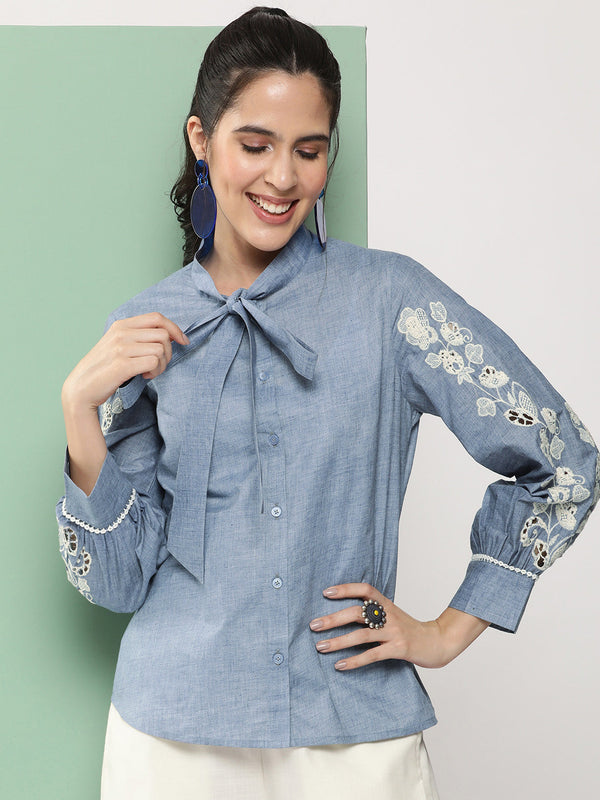 Jashvi Blue Embroidered Shirt Style Top