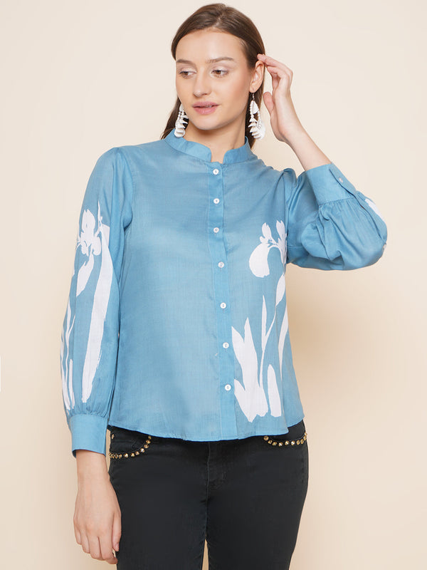 Jashvi Blue Printed Shirt Style Top