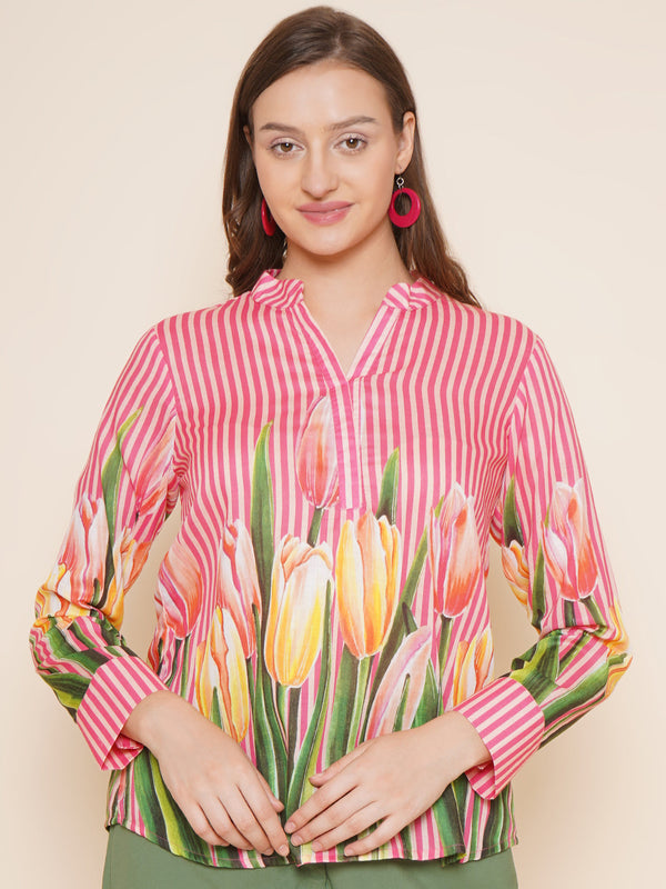 Jashvi Pink Floral With Stripes Printed Top