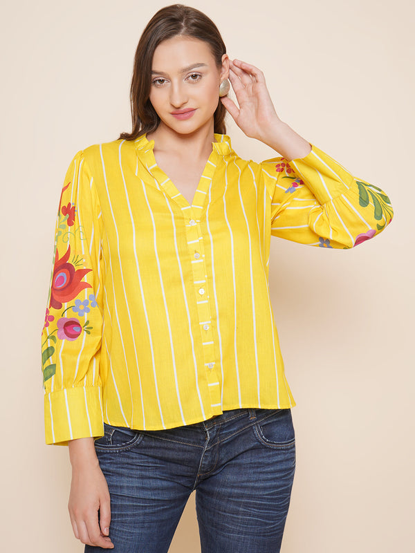 Jashvi Yellow Printed Shirt Style Top