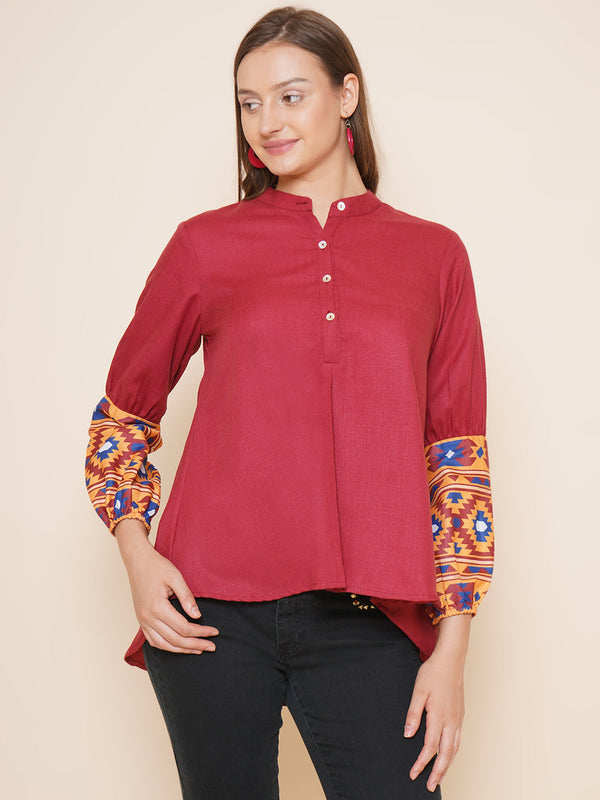 Jashvi Maroon High Low Printed Top