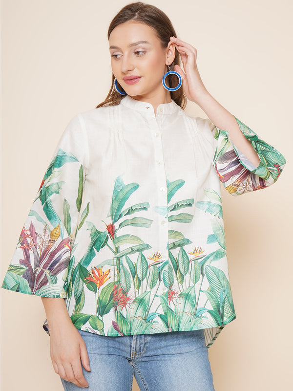 Jashvi Off White Green Printed Shirt Style Top