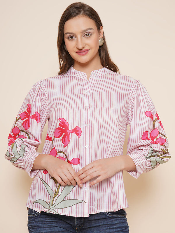 Jashvi Beige Printed Shirt Style Top