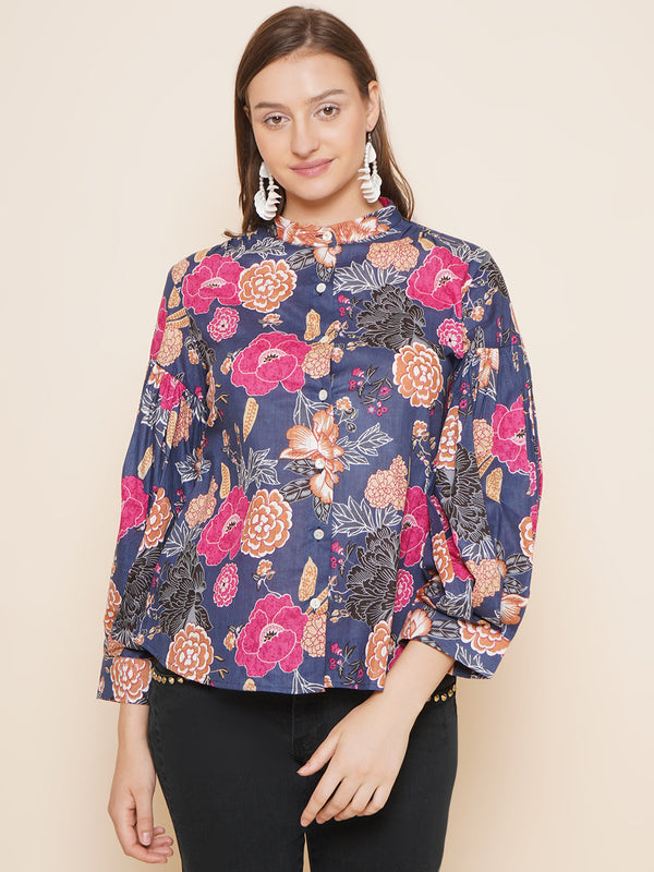 Jashvi Blue Floral Printed Shirt Style Top