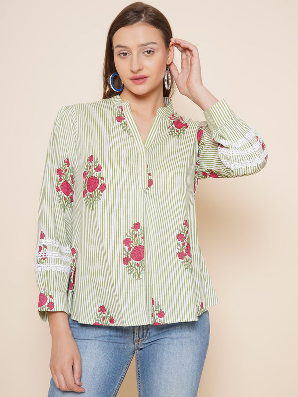 Jashvi Green Stripe Floral Printed Shirt Style Top