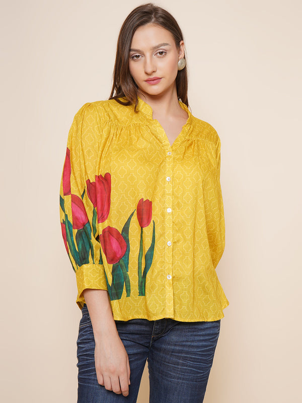 Jashvi Yellow Floral Printed Shirt Style Top