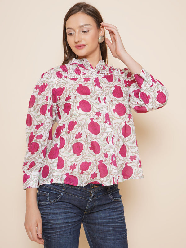 Jashvi Off White & Pink Printed Shirt Style Top