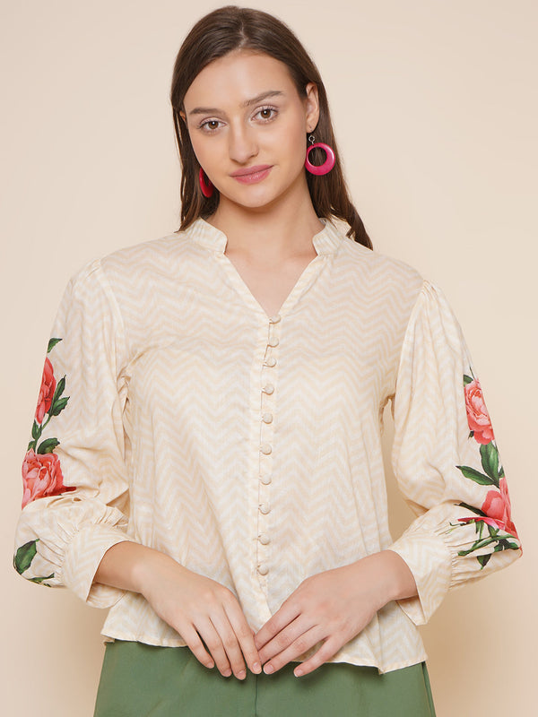 Jashvi Beige Printed Shirt Style Top