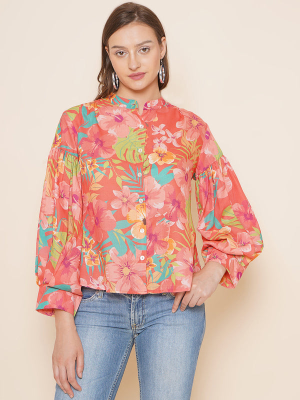 Jashvi Peach Floral Printed Shirt Style Top