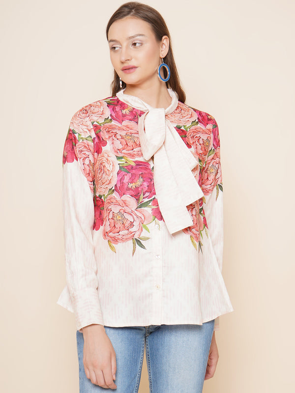 Jashvi Beige Floral Printed Shirt Style Top