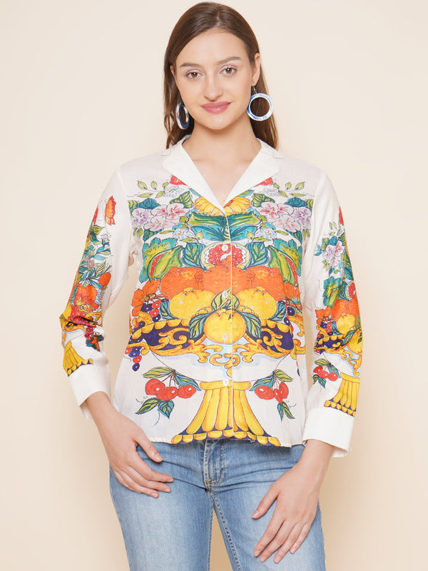 Jashvi White Multi Printed Shirt Style Top