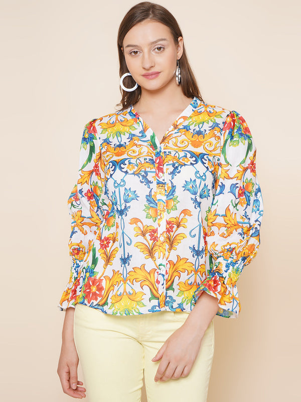 Jashvi Off White Multi Printed Shirt Style Top