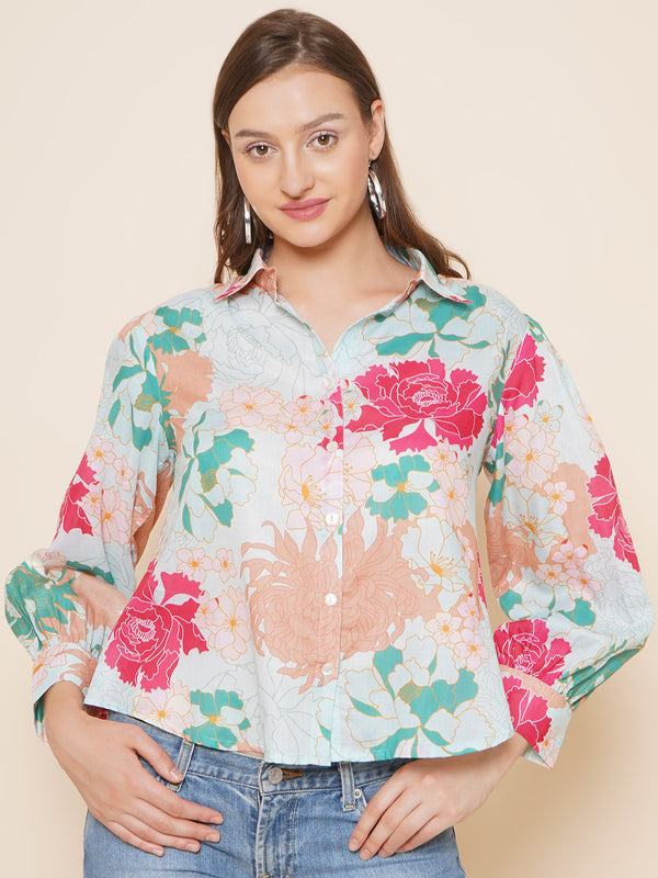 Jashvi Sea Green Multi Printed Shirt Style Top