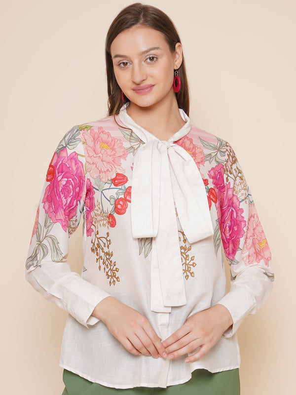 Jashvi Beige & Pink Printed Shirt Style Top