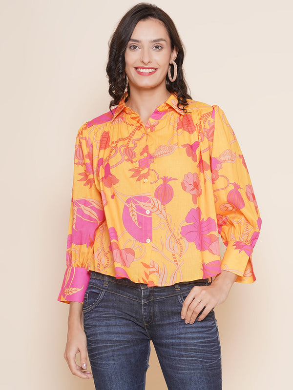 Jashvi Mustard Yellow Printed Shirt Style Top