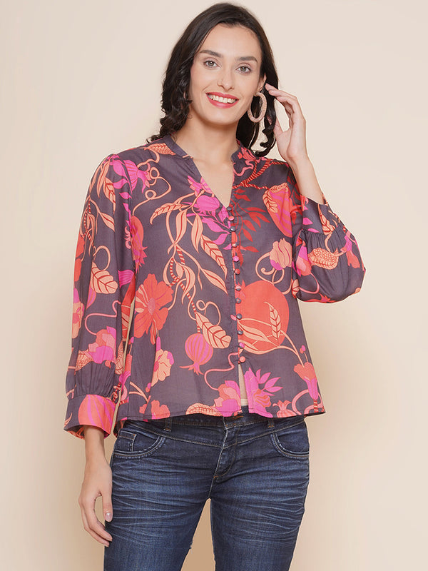 Jashvi Black Printed Shirt Style Top