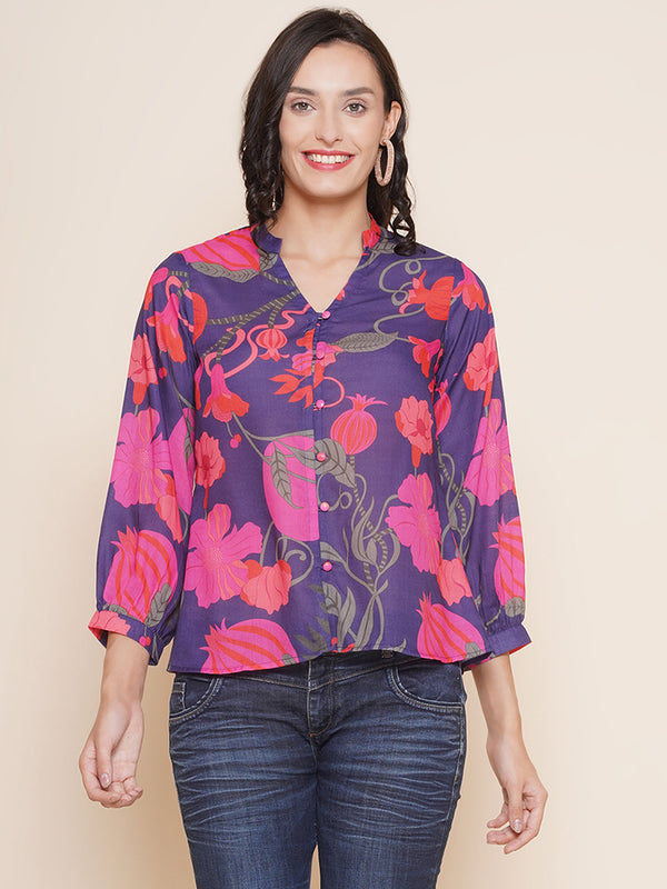 Jashvi Purple Printed Shirt Style Top