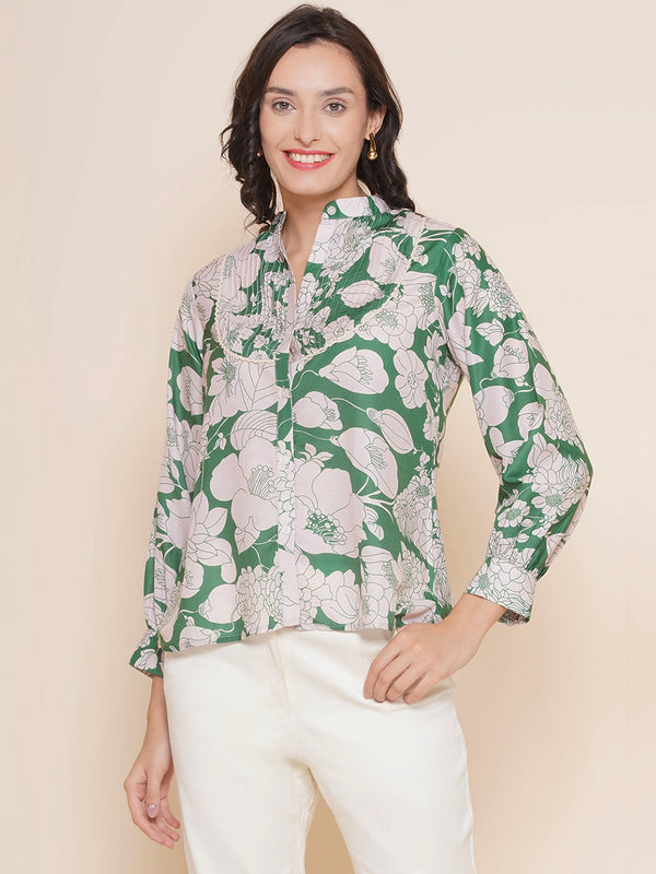 Jashvi Green & Off White Printed Shirt Style Top