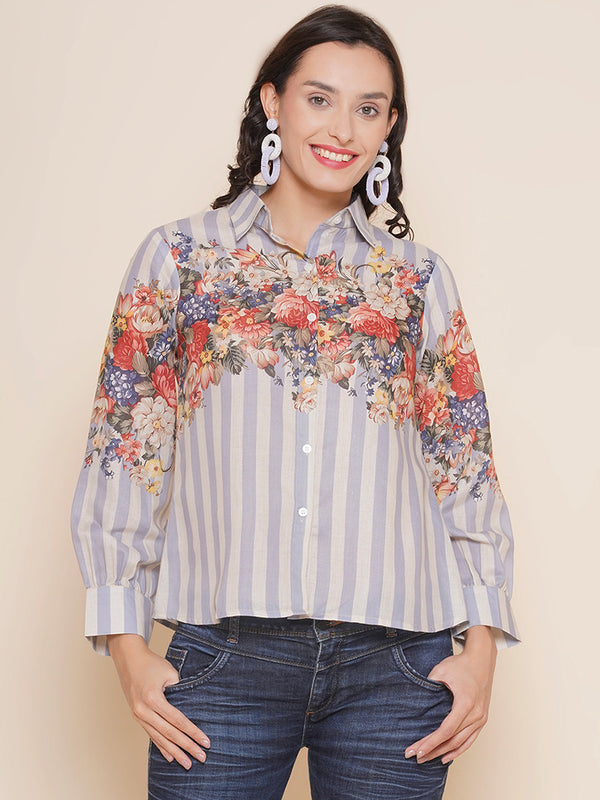 Jashvi Grey Floral Printed Shirt Style Top