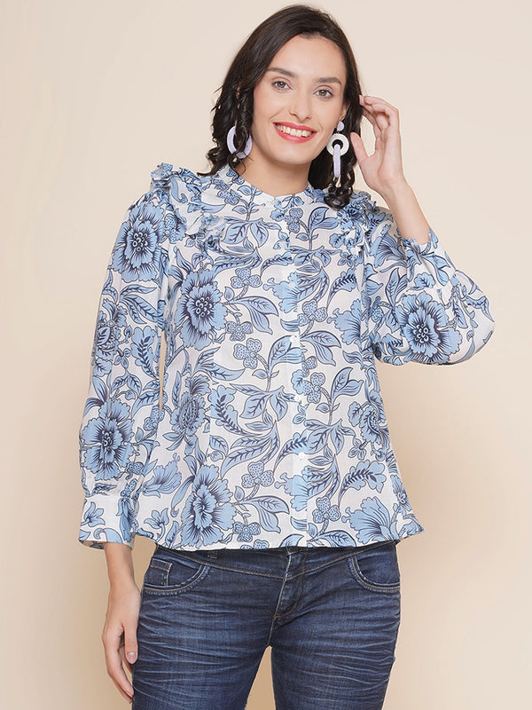 Jashvi Off White & Blue Printed Shirt Style Top