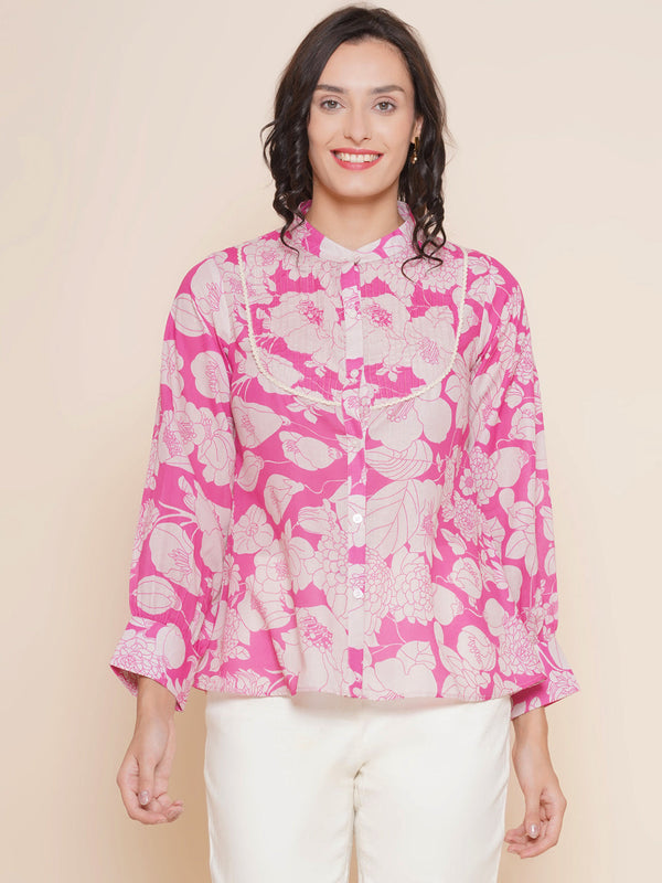 Jashvi Pink & Off White Printed Shirt Style Top