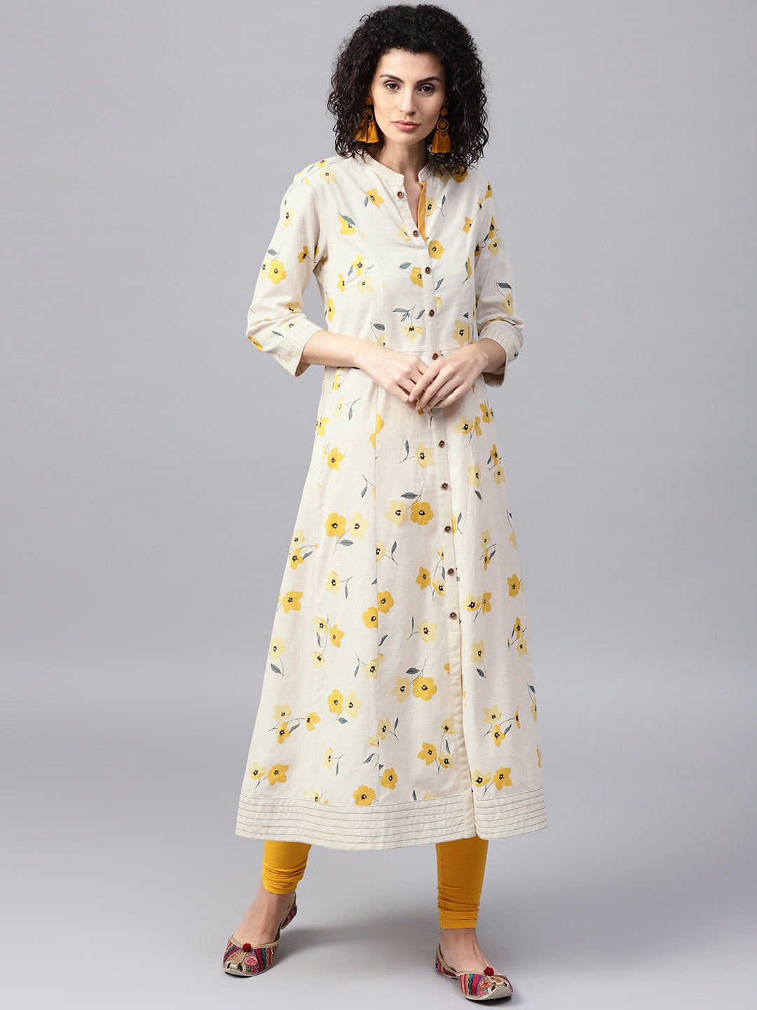 Women's Off-White And Mustard Yellow Printed A-Line Kurta - Noz2Toz