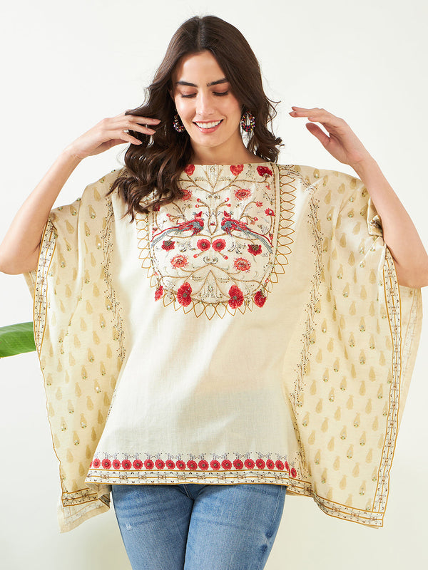 Women's Ivory Blossom Artistic Hand Embroidered Kaftan Top - The Kaftan Company