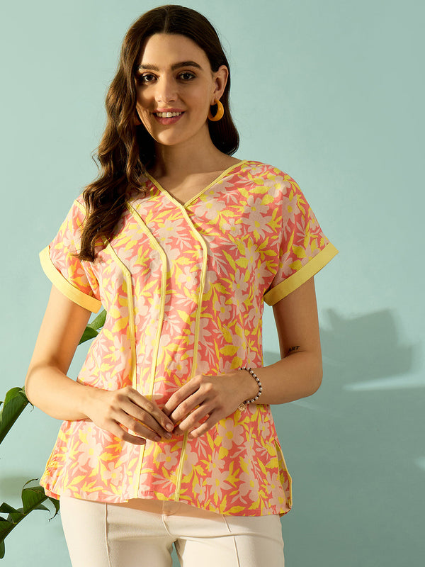 Women's Pink Knit Cotton Floral Top - The Kaftan Company