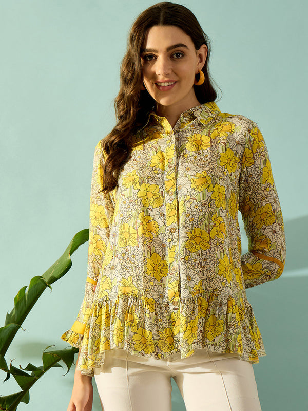 Women's Beige Modal Floral Top - The Kaftan Company