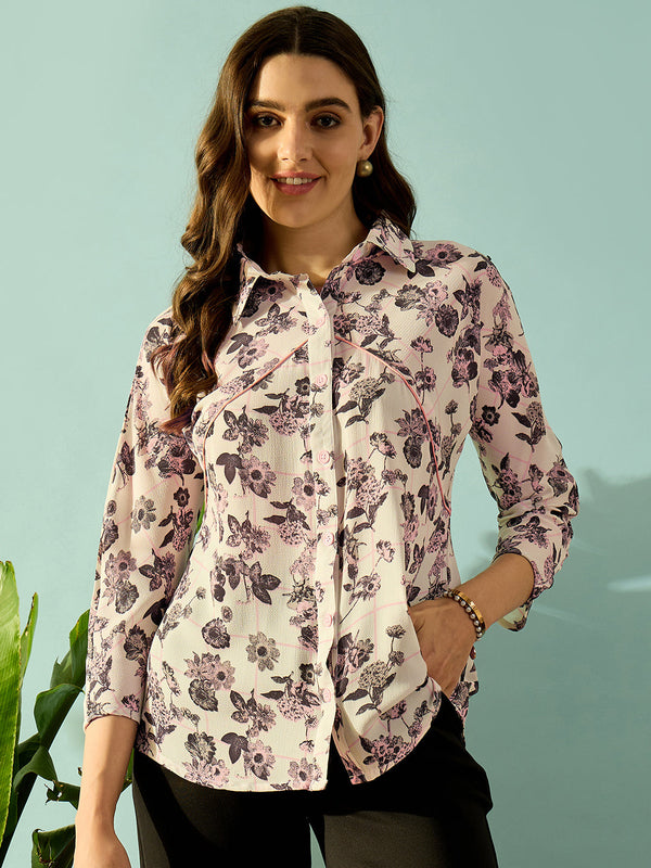 Women's White Polyester Floral Top - The Kaftan Company