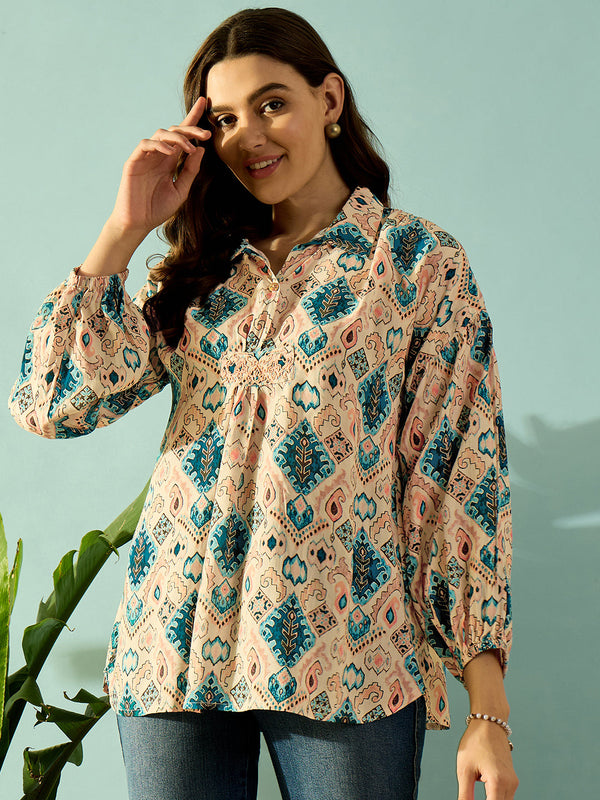 Women's Blue Viscose Geometric Top - The Kaftan Company