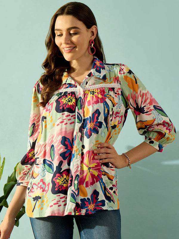 Women's Navy Blue Viscose Floral Top - The Kaftan Company