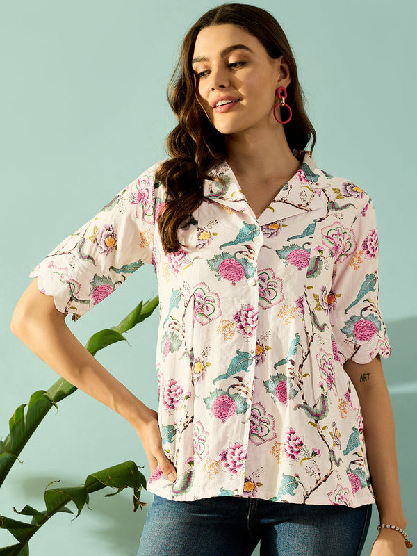 Women's White Viscose Floral Top - The Kaftan Company