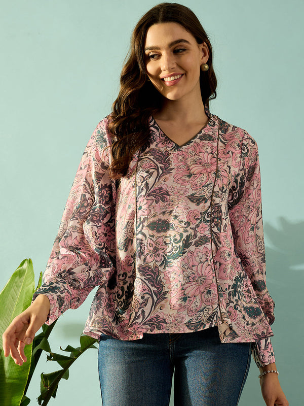 Women's Pink Satin Floral Top - The Kaftan Company