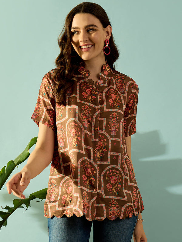 Women's Orange Satin Micro Print Top - The Kaftan Company