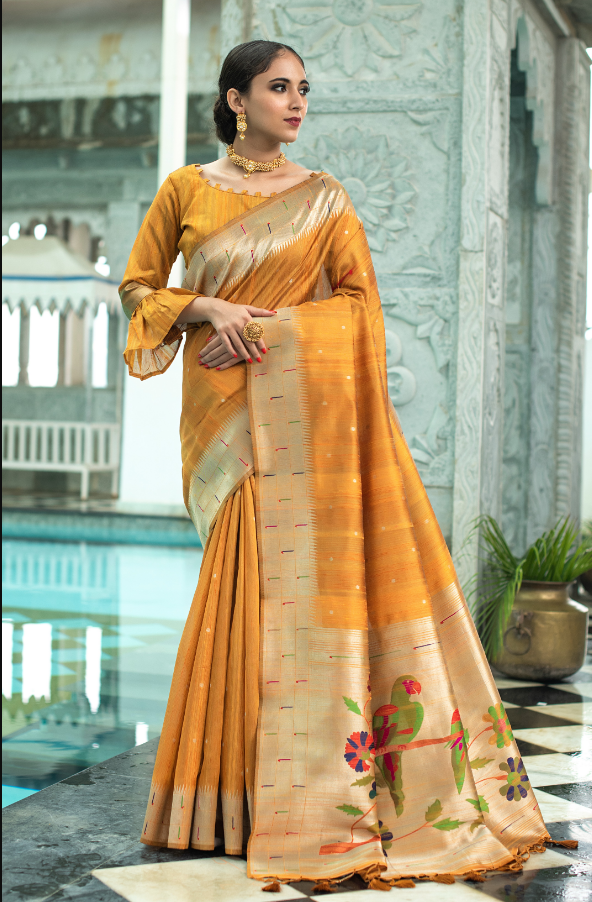 Women's Yellow Tussar Silk Zari Woven Saree With Blouse - Vishnu Weaves