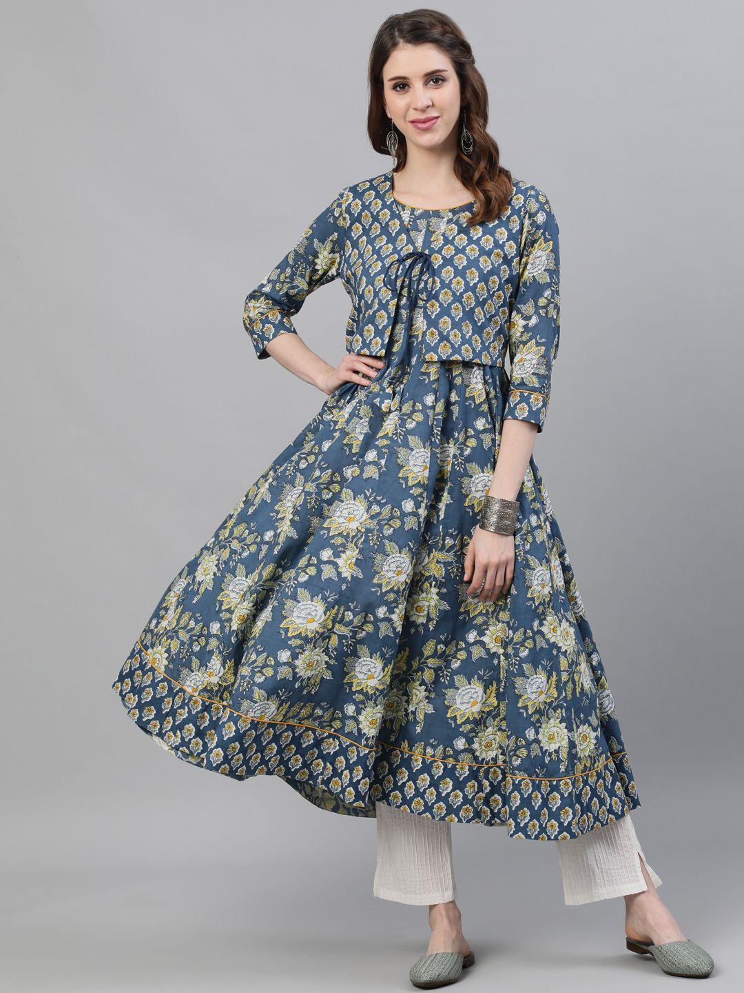 Women's Blue & Yellow Floral Printed Anarkali With Jacket - AKS