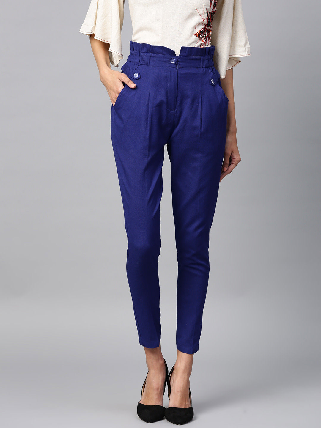 Women's Blue Solid High-Rise Regular Cropped Trousers - Noz2Toz