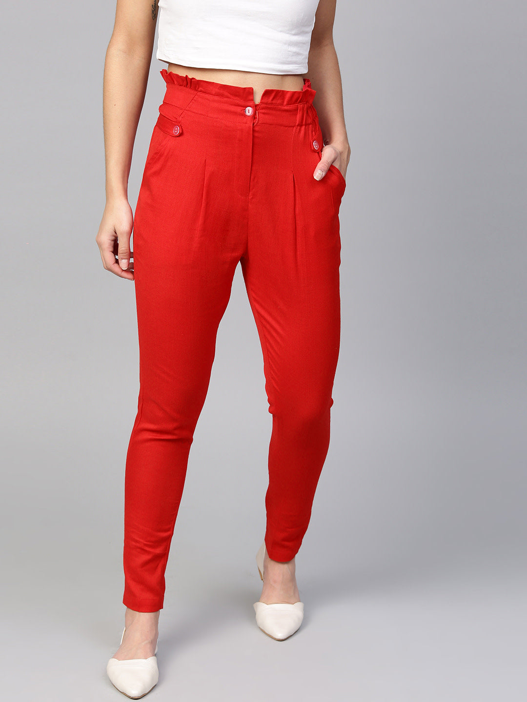 Women's Red Solid Mid-Rise Regular Trousers - Noz2Toz