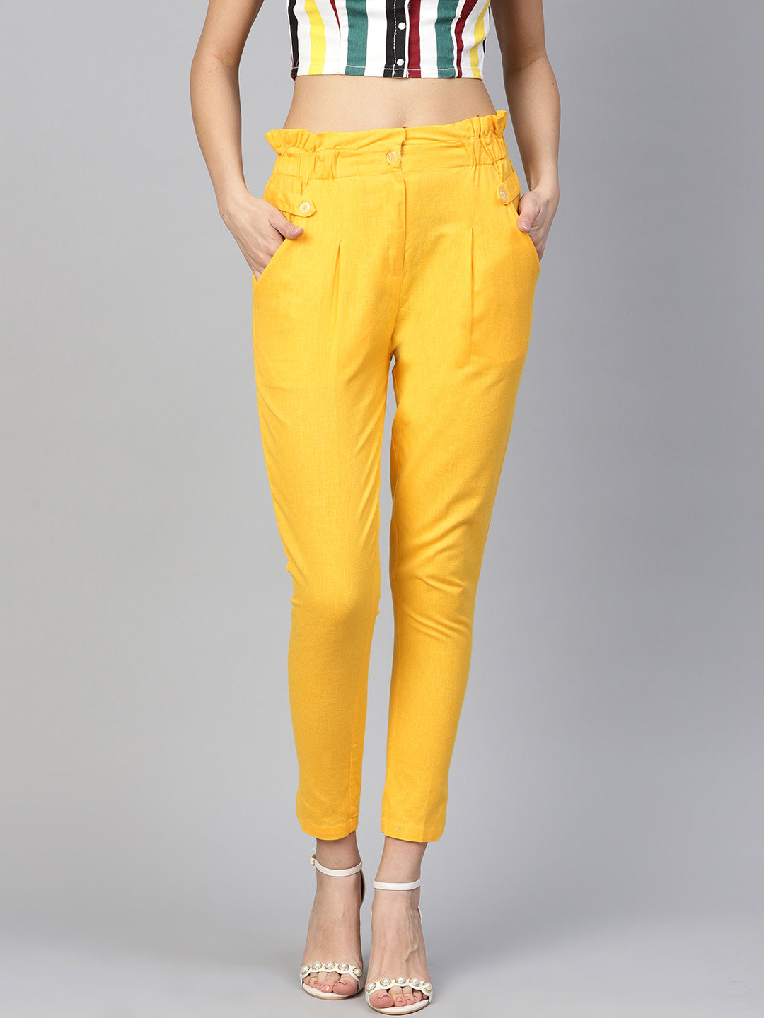 Women's Mustard Yellow Solid High-Rise Trousers - Noz2Toz