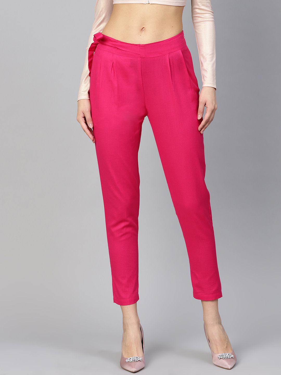 Women's Magenta Solid High-Rise Cropped Trousers - Noz2Toz