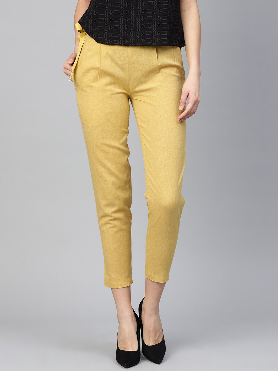 Women's Mustard Yellow Solid High-Rise Cropped Trousers - Noz2Toz